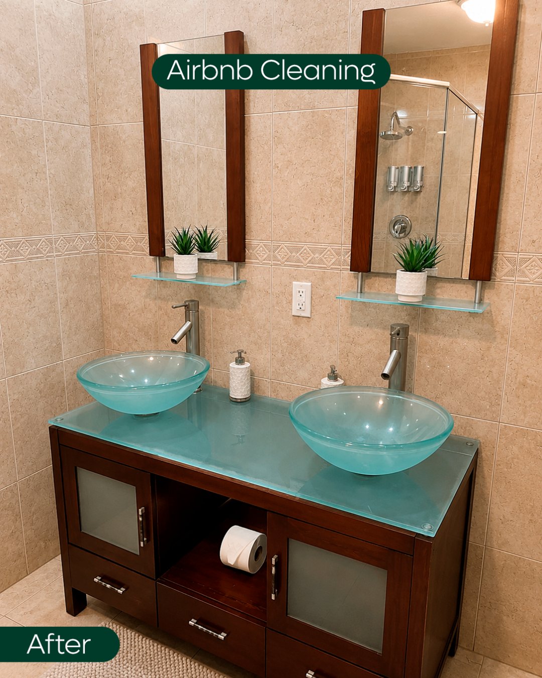 Double glass vessel sinks and wood vanity cleaned for a rental turnover