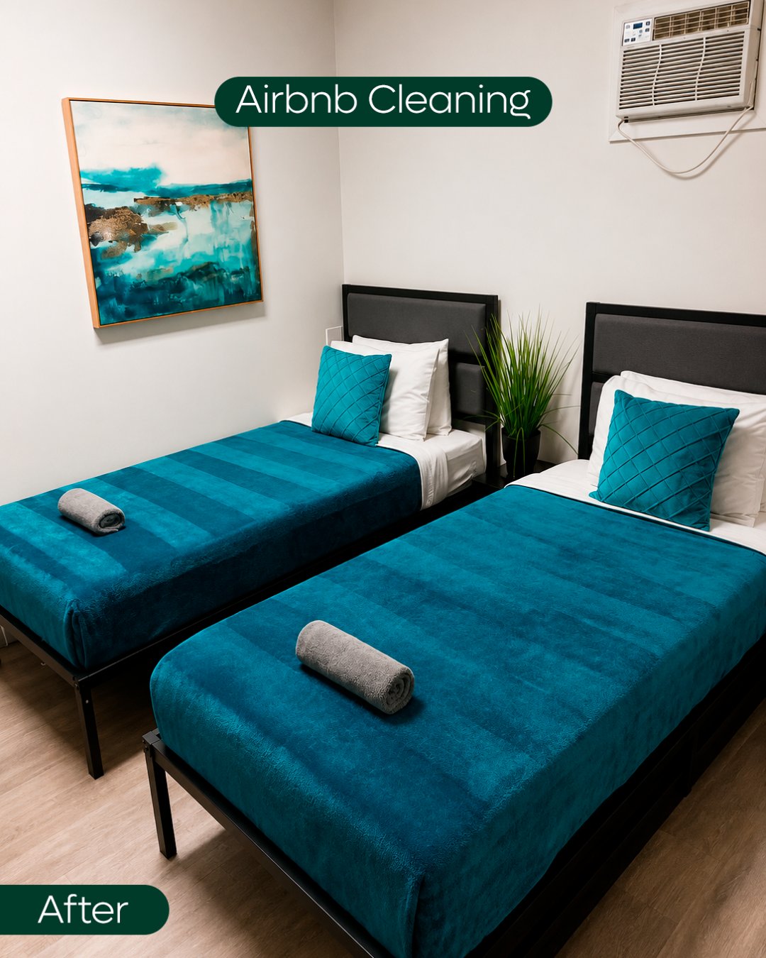 Guest bedroom with two made beds after an Airbnb turnover