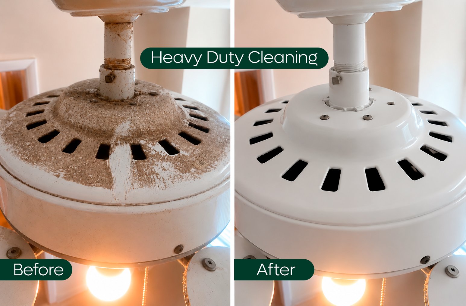 Ceiling fan housing before and after heavy-duty cleaning, thick dust removed