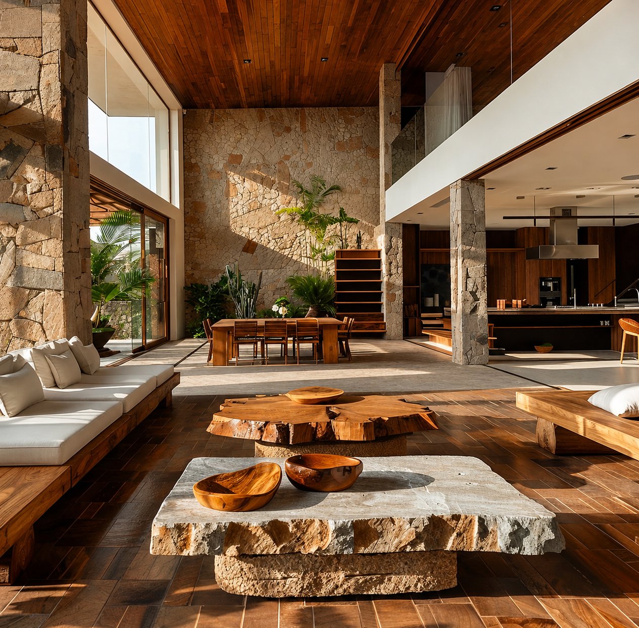 Sunlit luxury living room with warm wood, stone and open glass walls