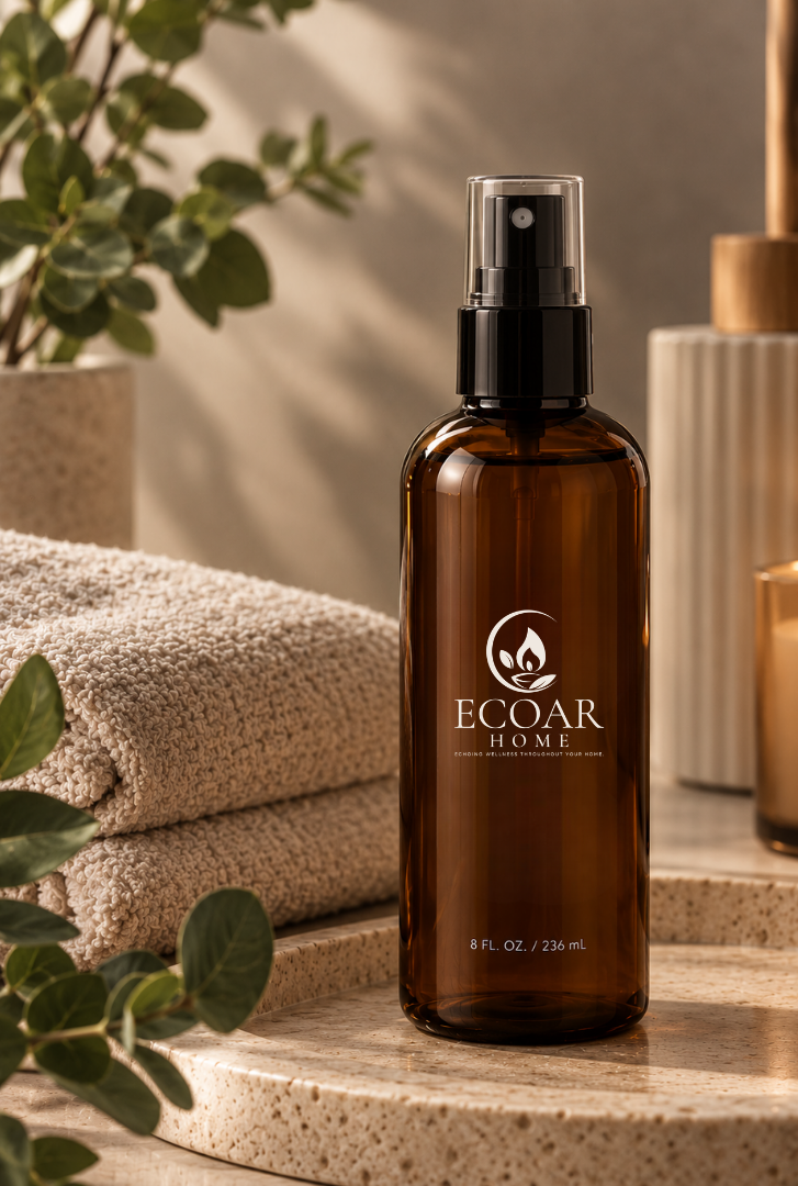 Amber glass bottle of ECOAR Home cleaning product beside folded towels and fresh eucalyptus
