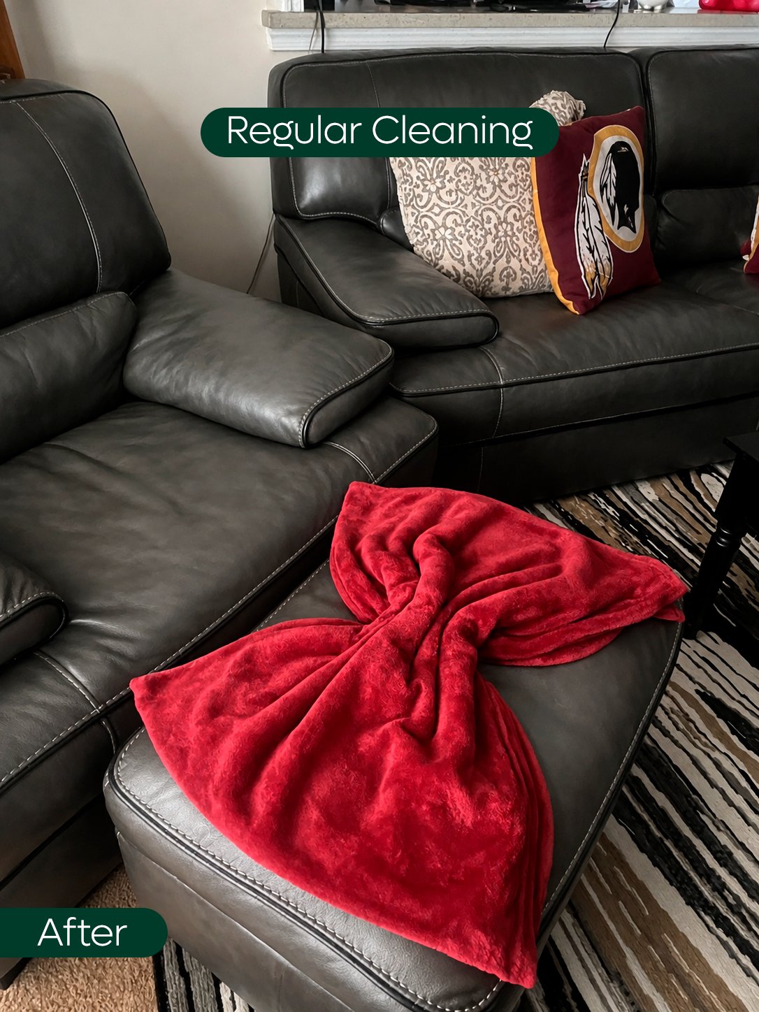 Leather living room furniture after a regular cleaning, throw blanket folded into a bow